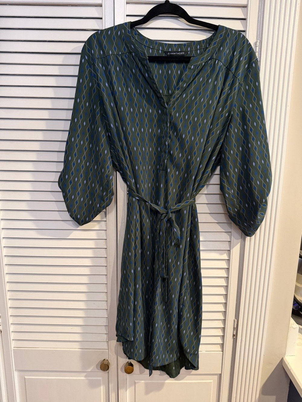 Olive Green Diamond-Print Tie-Waist Long Sleeve Shirt Dress